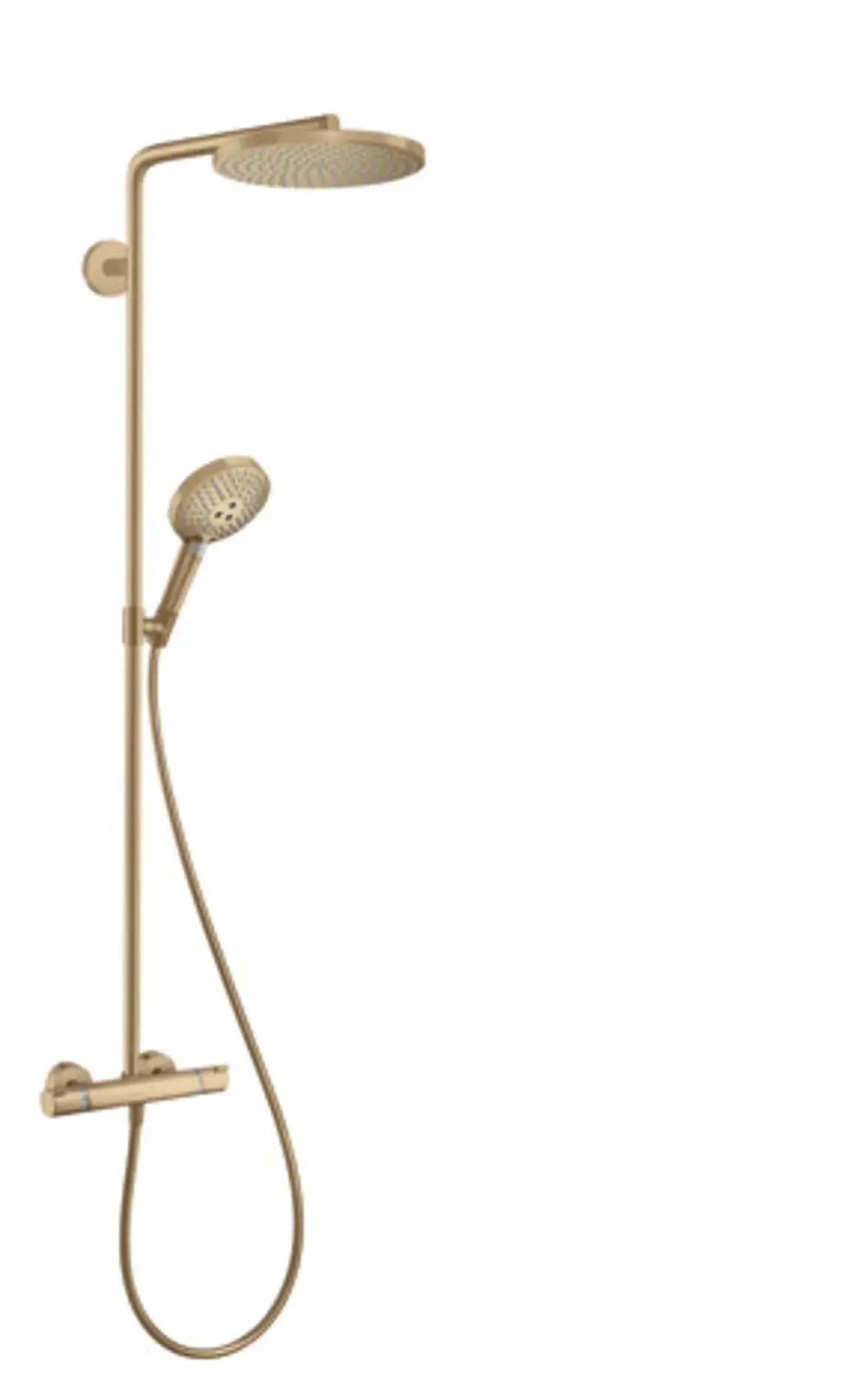 Hansgrohe Dusche mit einer feststehenden und einer Handbrause, vereint in einer Rohrkonstruktion. Thermostat-Einheit integriert. Oberfläche in gebürstetem Bronze-Finish.